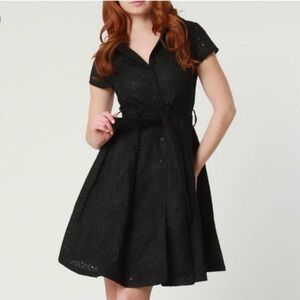 NWOT Ariella Black Midi A-Line Eyelet Dress. Pockets, Buttons, and Belt. Size S